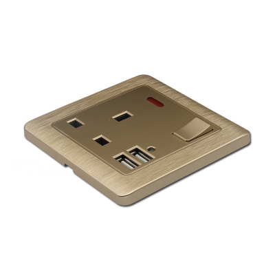 13A switched socket with neon+2USB pc material white/golden color plate socket