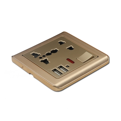 5 pin MF switched socket with neon+2USB PC material white/golden color plate socket