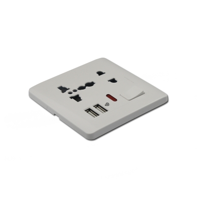 5 pin MF switched socket with neon+2USB PC material white/golden color plate socket
