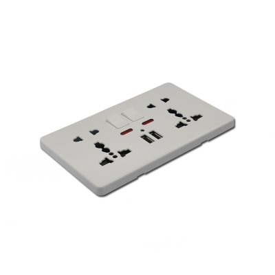Double 5 pin multi function switched socket with neon+2 usb socket