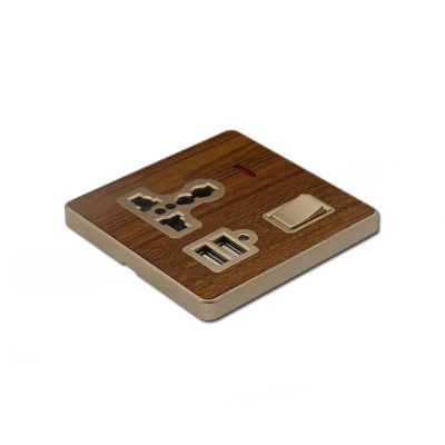 wood grain 1 gang switch multi socket with neon+two usb socket